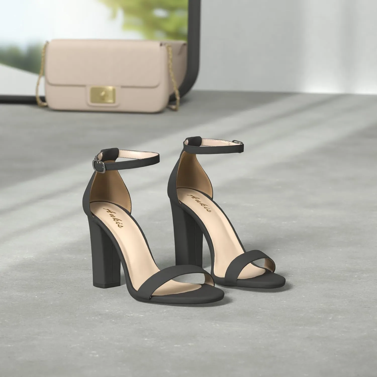 Ankis Nude Black White Heels for Women Open Toe Ankle Strap High Heel Sandals Party Wedding Strappy Buckle Sandals Standard Size 4 Inches Tall High Heel Design