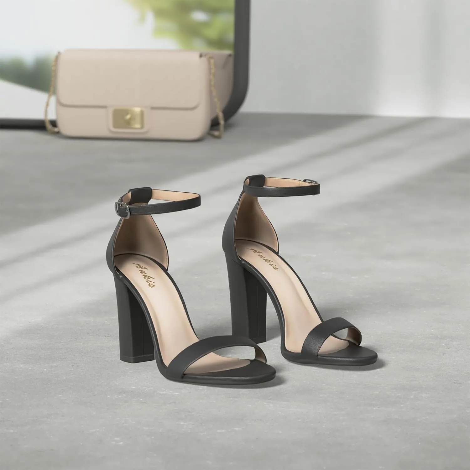 Ankis Nude Black White Heels for Women Open Toe Ankle Strap High Heel Sandals Party Wedding Strappy Buckle Sandals Standard Size 4 Inches Tall High Heel Design