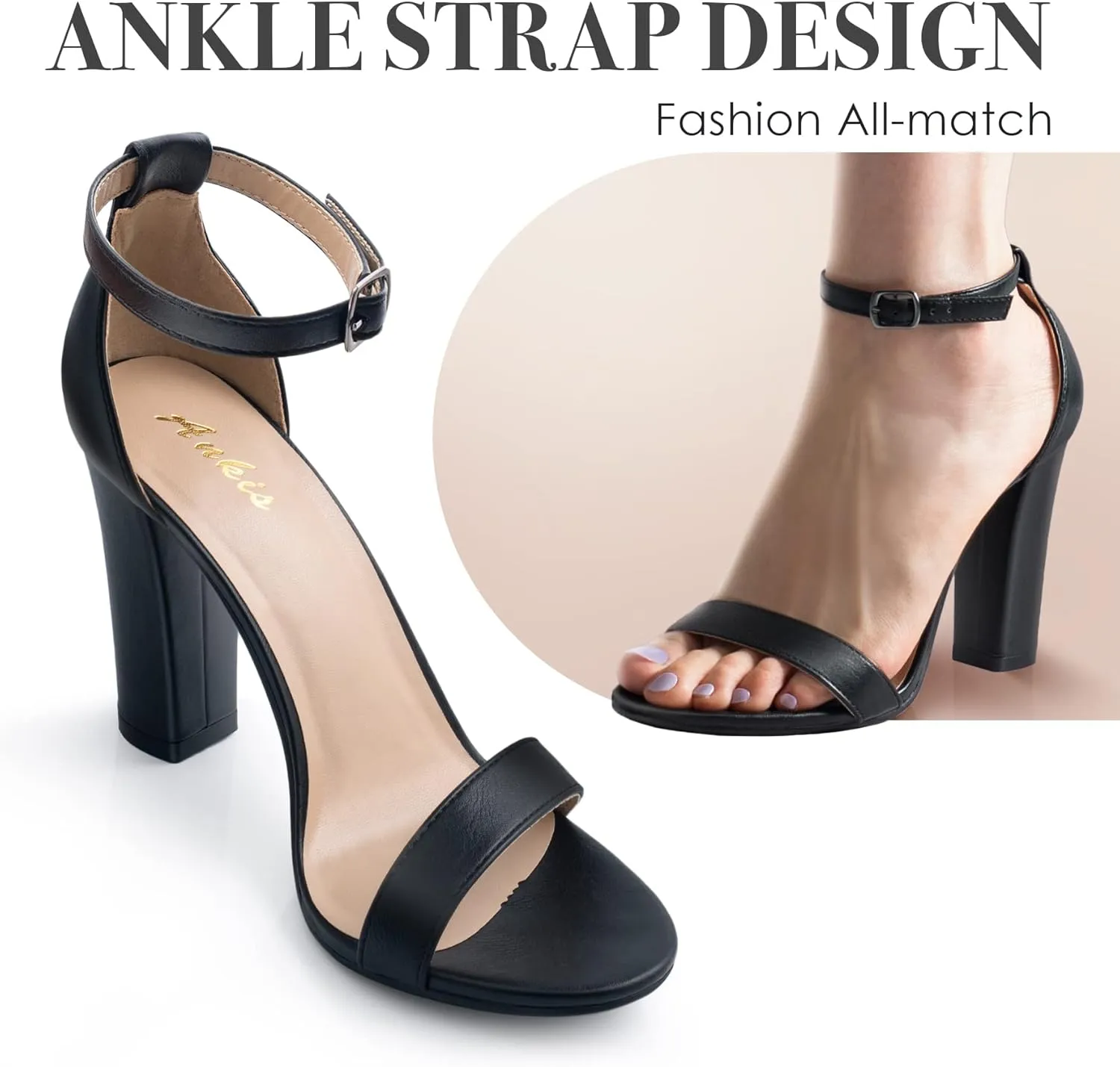 Ankis Nude Black White Heels for Women Open Toe Ankle Strap High Heel Sandals Party Wedding Strappy Buckle Sandals Standard Size 4 Inches Tall High Heel Design