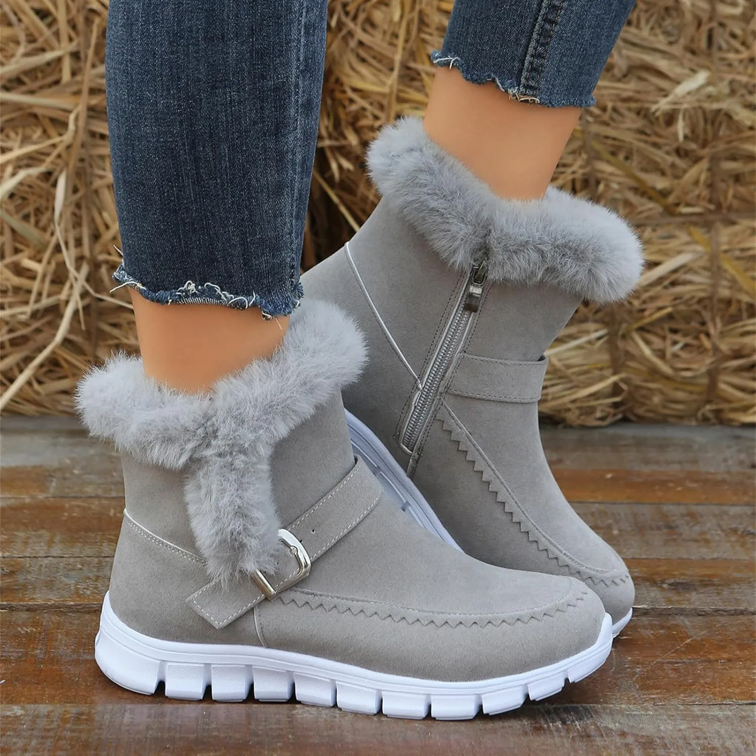Boots For Women Ankle Booties With Fur Lined Warm Snow Winter Boots Casual Fashion Comfortable Slip On Loafers Shoes