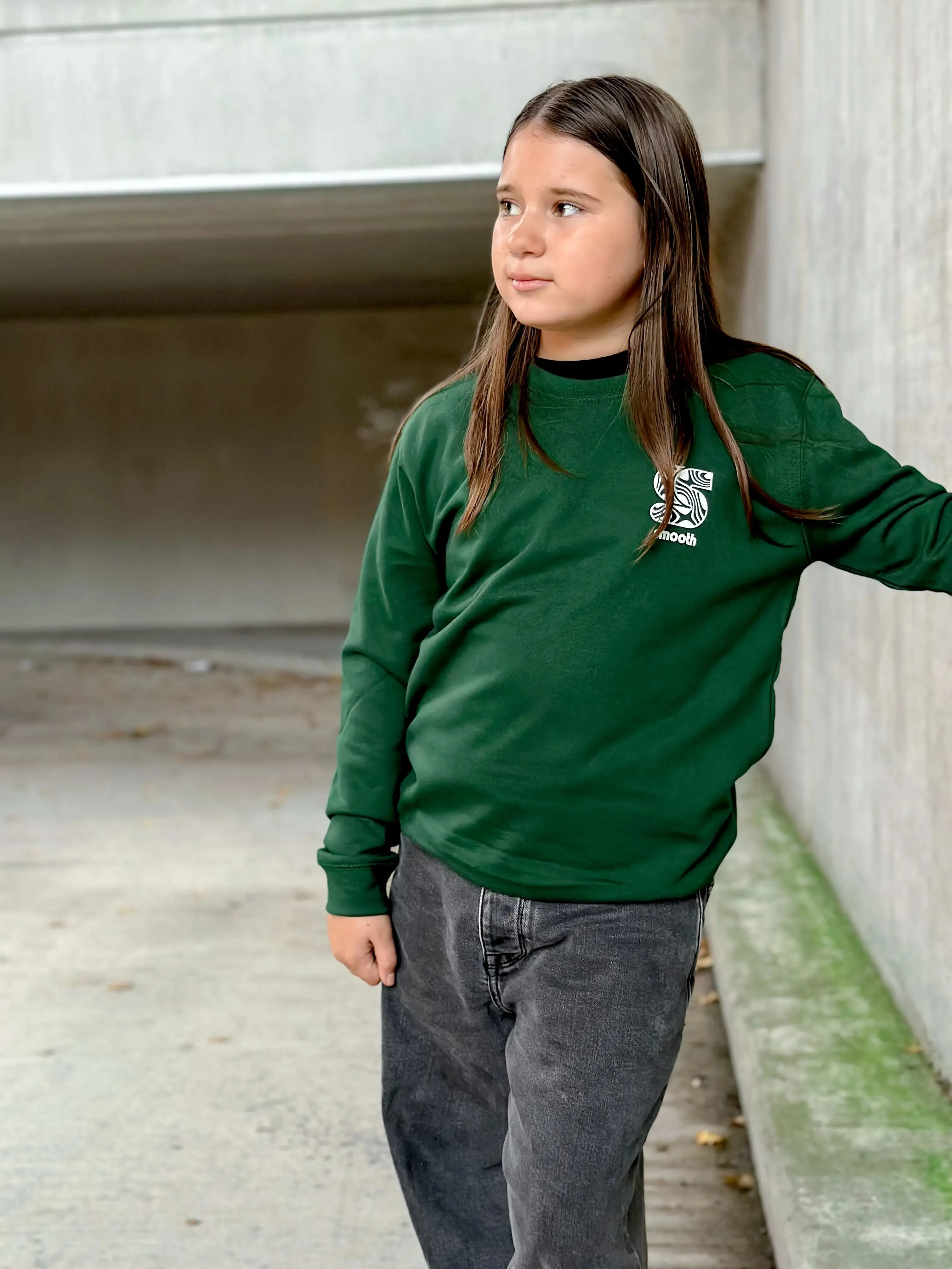 Bottle Green Kids Crew / S Pattern White Front Girls