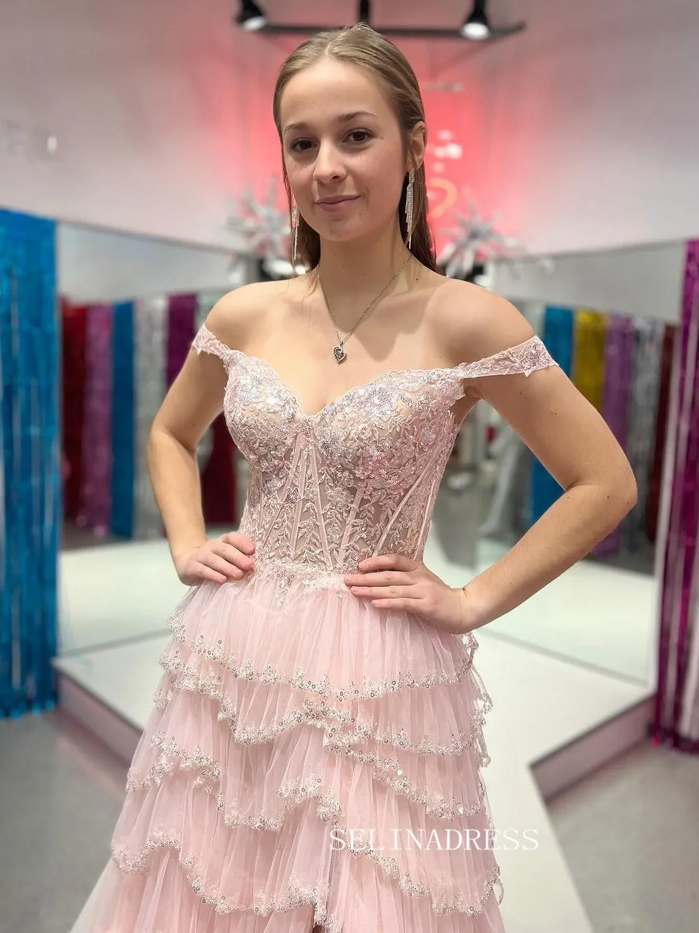 Charming Off-the-shoulder Blue Lace Tulle Layered Long Prom Dress with Slit lpk555