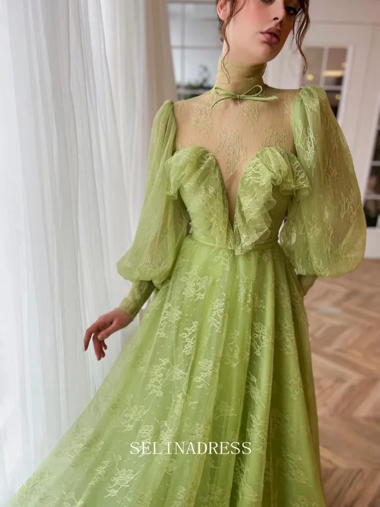 Chic A-line High Neck Romantic Lace Long Prom Dress Long Sleeve Charming Evening Gown #LOP203