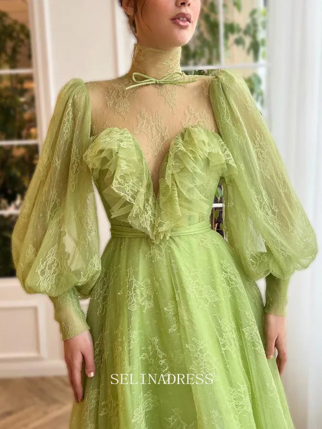 Chic A-line High Neck Romantic Lace Long Prom Dress Long Sleeve Charming Evening Gown #LOP203