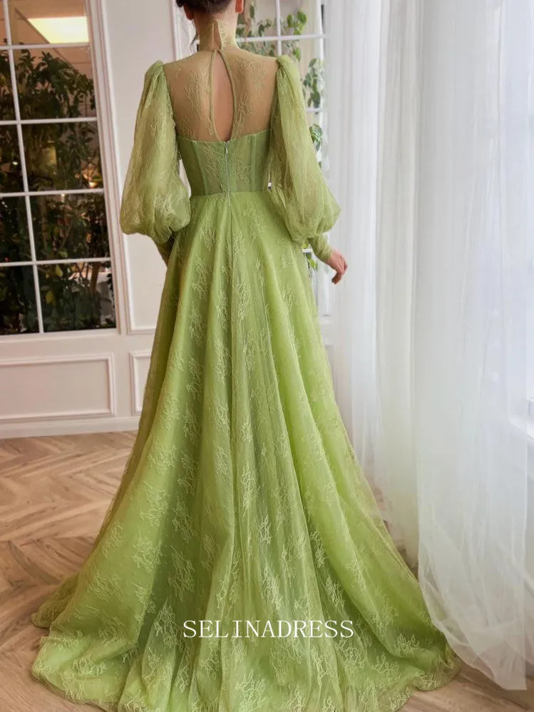 Chic A-line High Neck Romantic Lace Long Prom Dress Long Sleeve Charming Evening Gown #LOP203