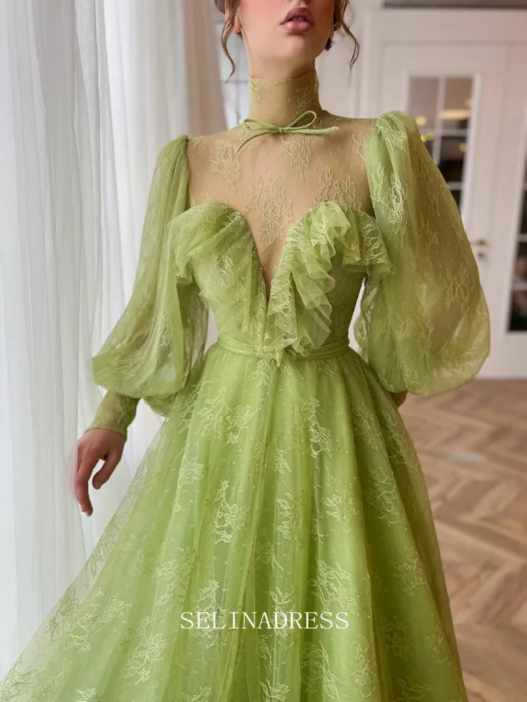 Chic A-line High Neck Romantic Lace Long Prom Dress Long Sleeve Charming Evening Gown #LOP203