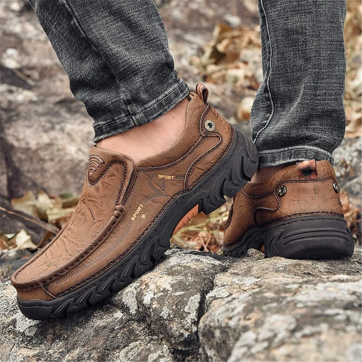 ChicWind Men's Breathable Slip-On Leather Stitched Hiking Loafers