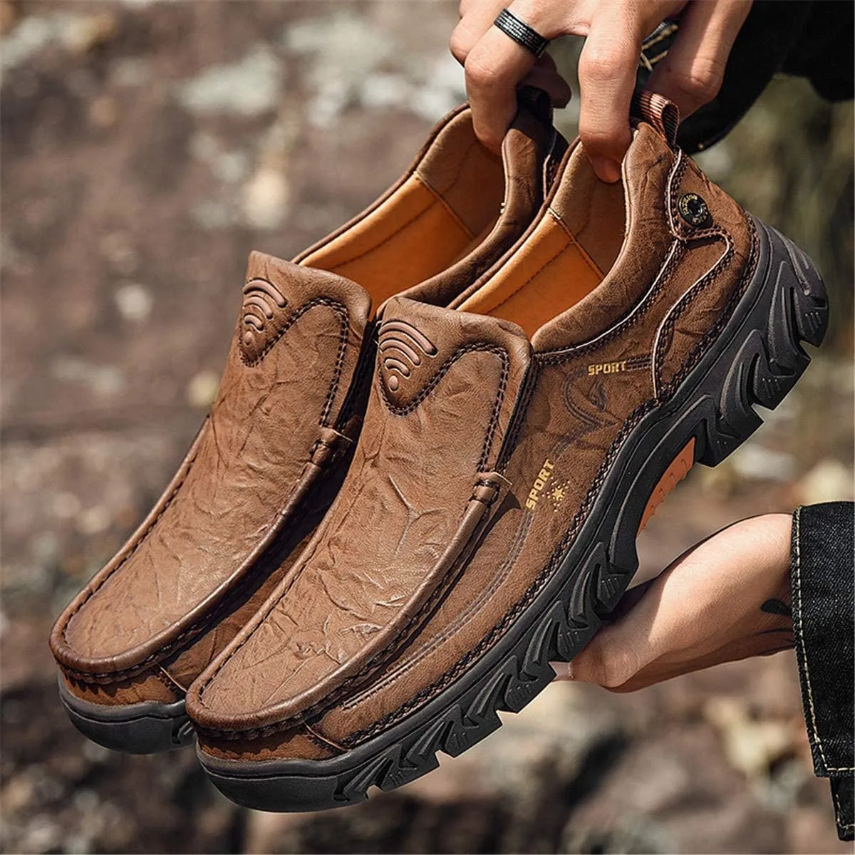 ChicWind Men's Breathable Slip-On Leather Stitched Hiking Loafers