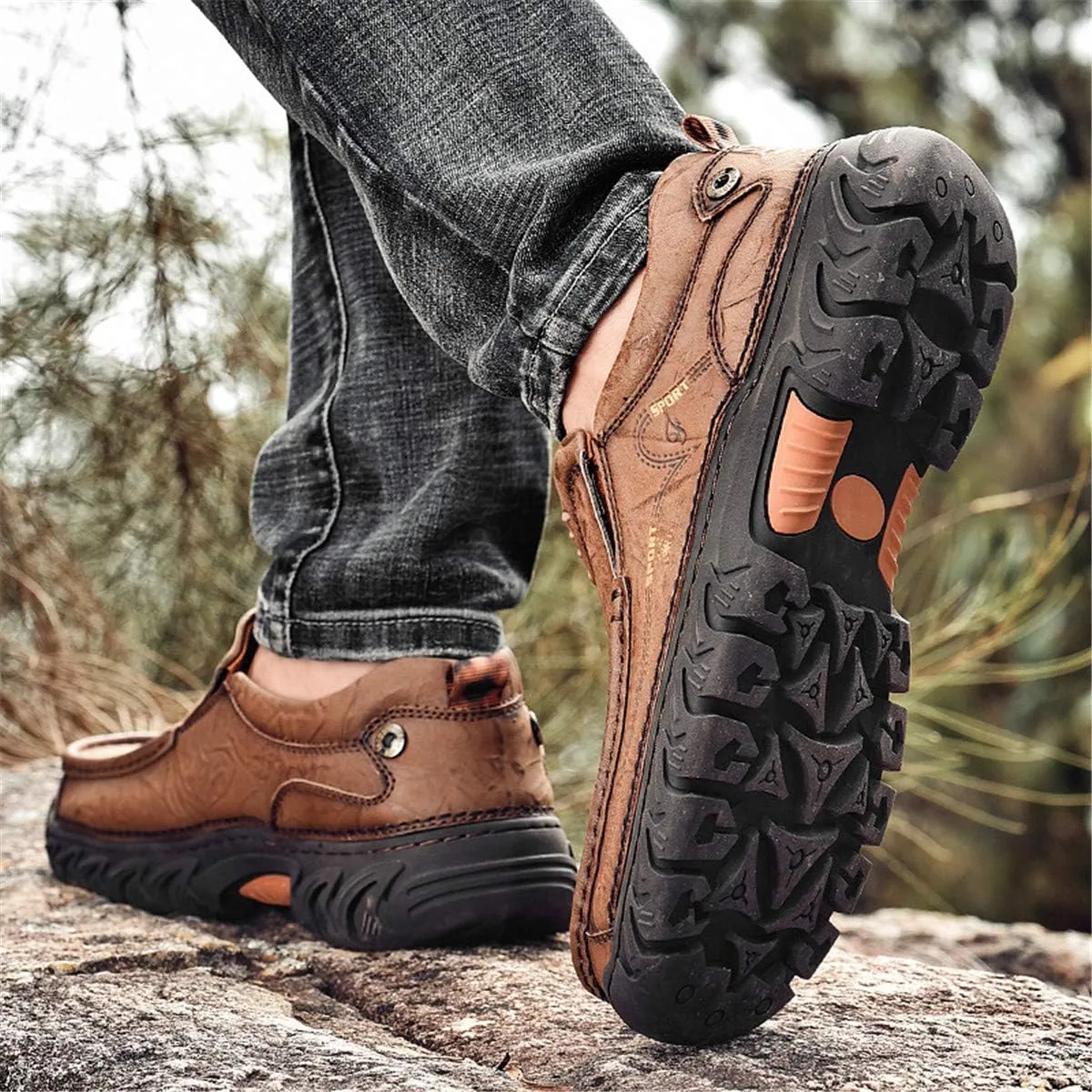 ChicWind Men's Breathable Slip-On Leather Stitched Hiking Loafers