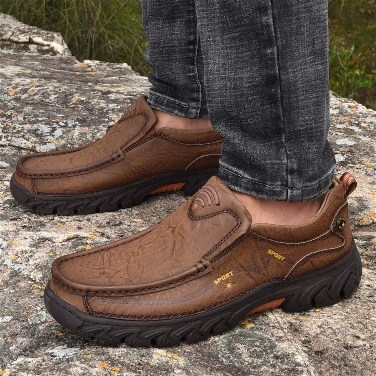 ChicWind Men's Breathable Slip-On Leather Stitched Hiking Loafers