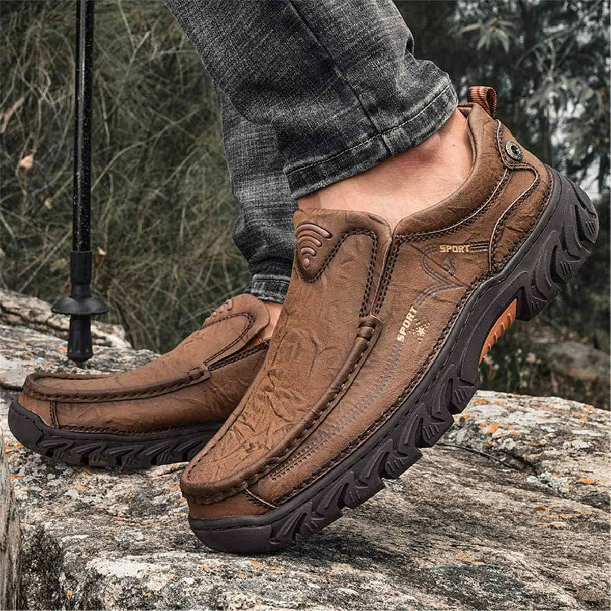 ChicWind Men's Breathable Slip-On Leather Stitched Hiking Loafers