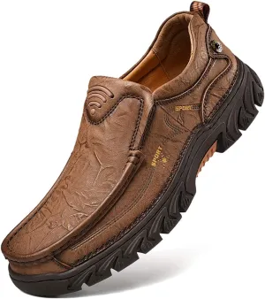ChicWind Men's Breathable Slip-On Leather Stitched Hiking Loafers
