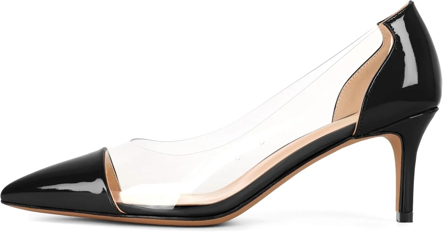 Eldof Women's Pointed Toe Cap Clear Stilettos Pumps Transparent PVC Vamp Mid Heels Slip on Wedding Dress Work Shoes 2.5 Inch