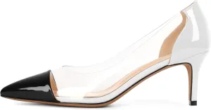 Eldof Women's Pointed Toe Cap Clear Stilettos Pumps Transparent PVC Vamp Mid Heels Slip on Wedding Dress Work Shoes 2.5 Inch
