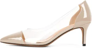 Eldof Women's Pointed Toe Cap Clear Stilettos Pumps Transparent PVC Vamp Mid Heels Slip on Wedding Dress Work Shoes 2.5 Inch