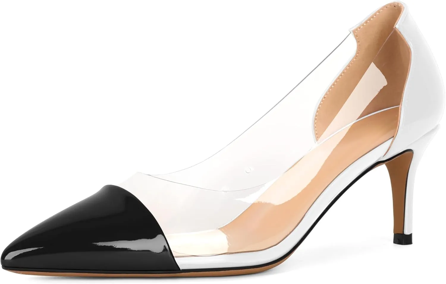 Eldof Women's Pointed Toe Cap Clear Stilettos Pumps Transparent PVC Vamp Mid Heels Slip on Wedding Dress Work Shoes 2.5 Inch
