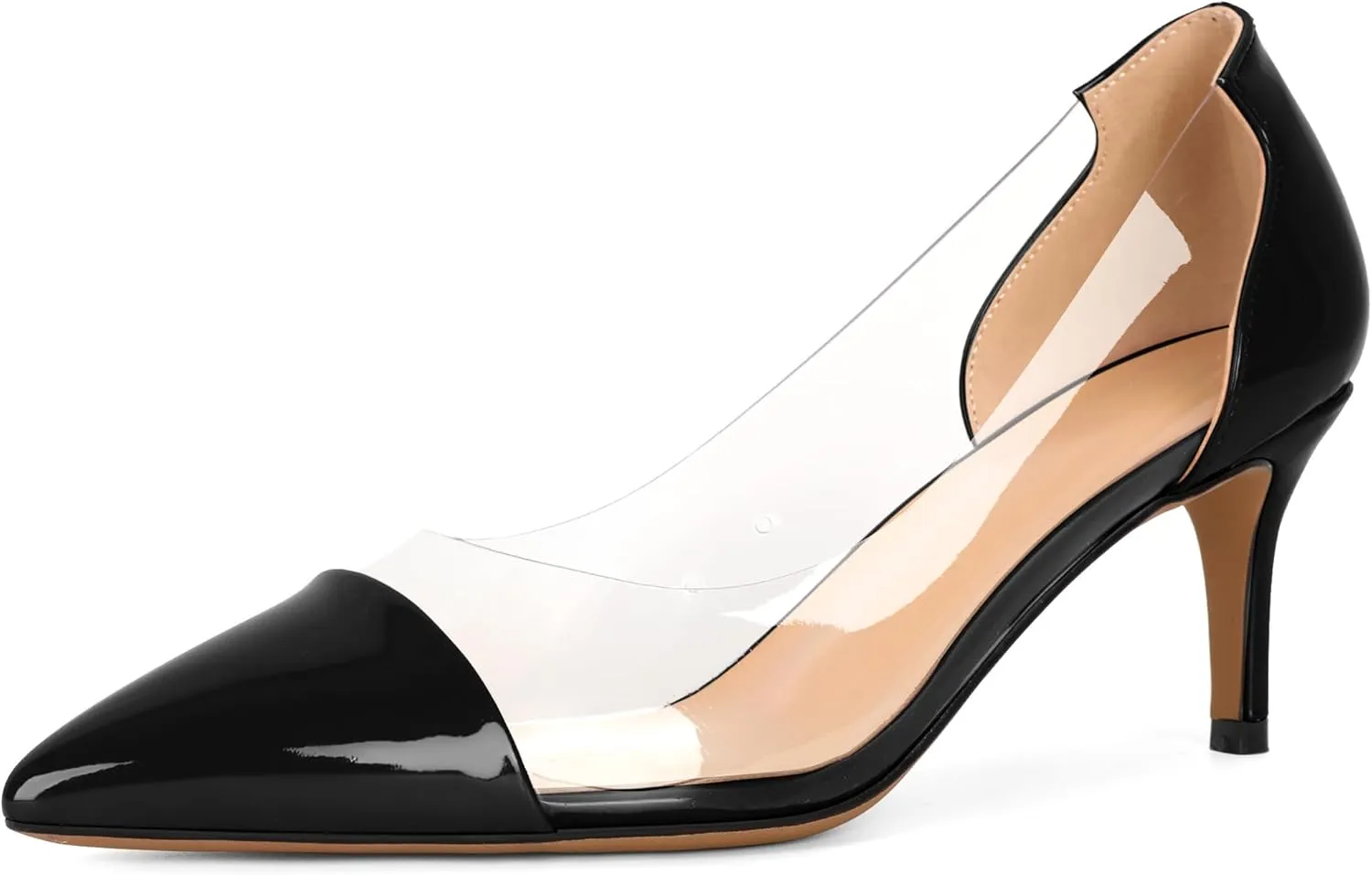 Eldof Women's Pointed Toe Cap Clear Stilettos Pumps Transparent PVC Vamp Mid Heels Slip on Wedding Dress Work Shoes 2.5 Inch
