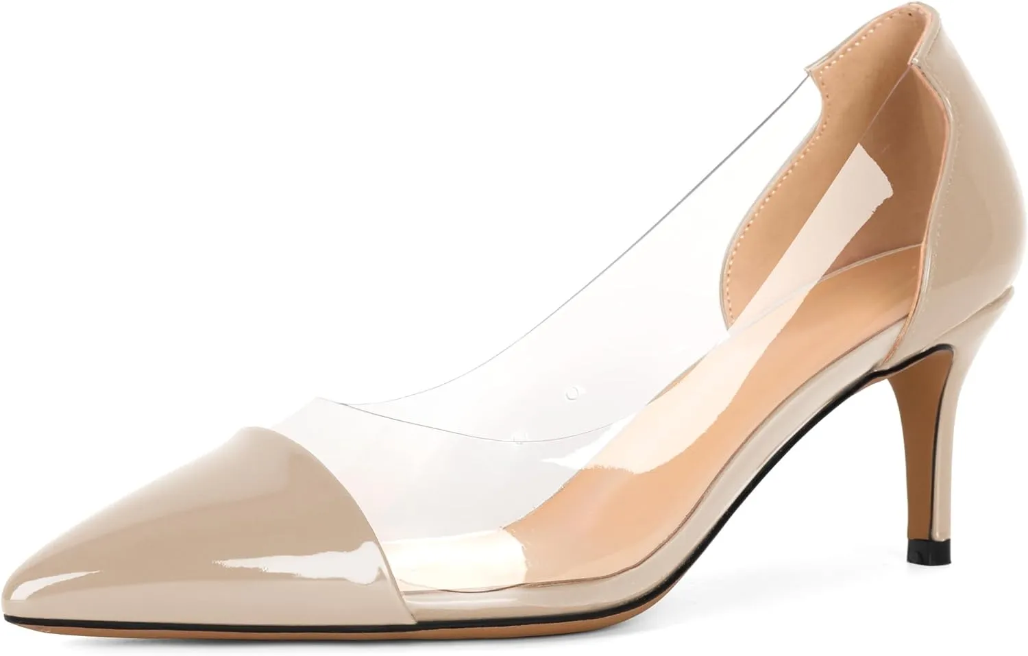 Eldof Women's Pointed Toe Cap Clear Stilettos Pumps Transparent PVC Vamp Mid Heels Slip on Wedding Dress Work Shoes 2.5 Inch