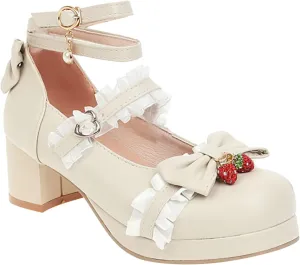 Girls Lolita Shoes Cute Bow Heels Mary Janes Shoes Dress Platform Strappy High Heels Kids Kawaii Shoes Leather Pumps