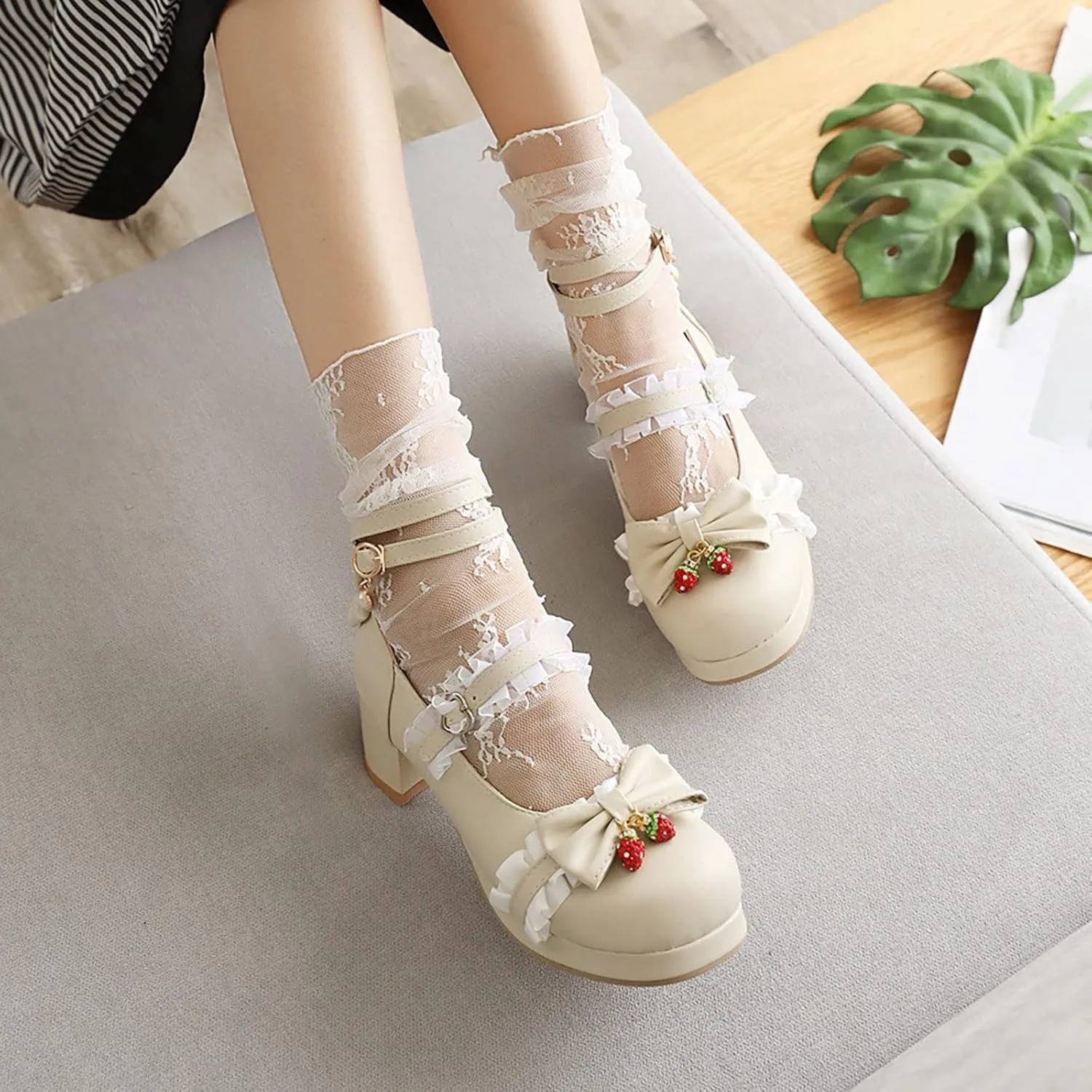 Girls Lolita Shoes Cute Bow Heels Mary Janes Shoes Dress Platform Strappy High Heels Kids Kawaii Shoes Leather Pumps