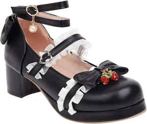 Girls Lolita Shoes Cute Bow Heels Mary Janes Shoes Dress Platform Strappy High Heels Kids Kawaii Shoes Leather Pumps