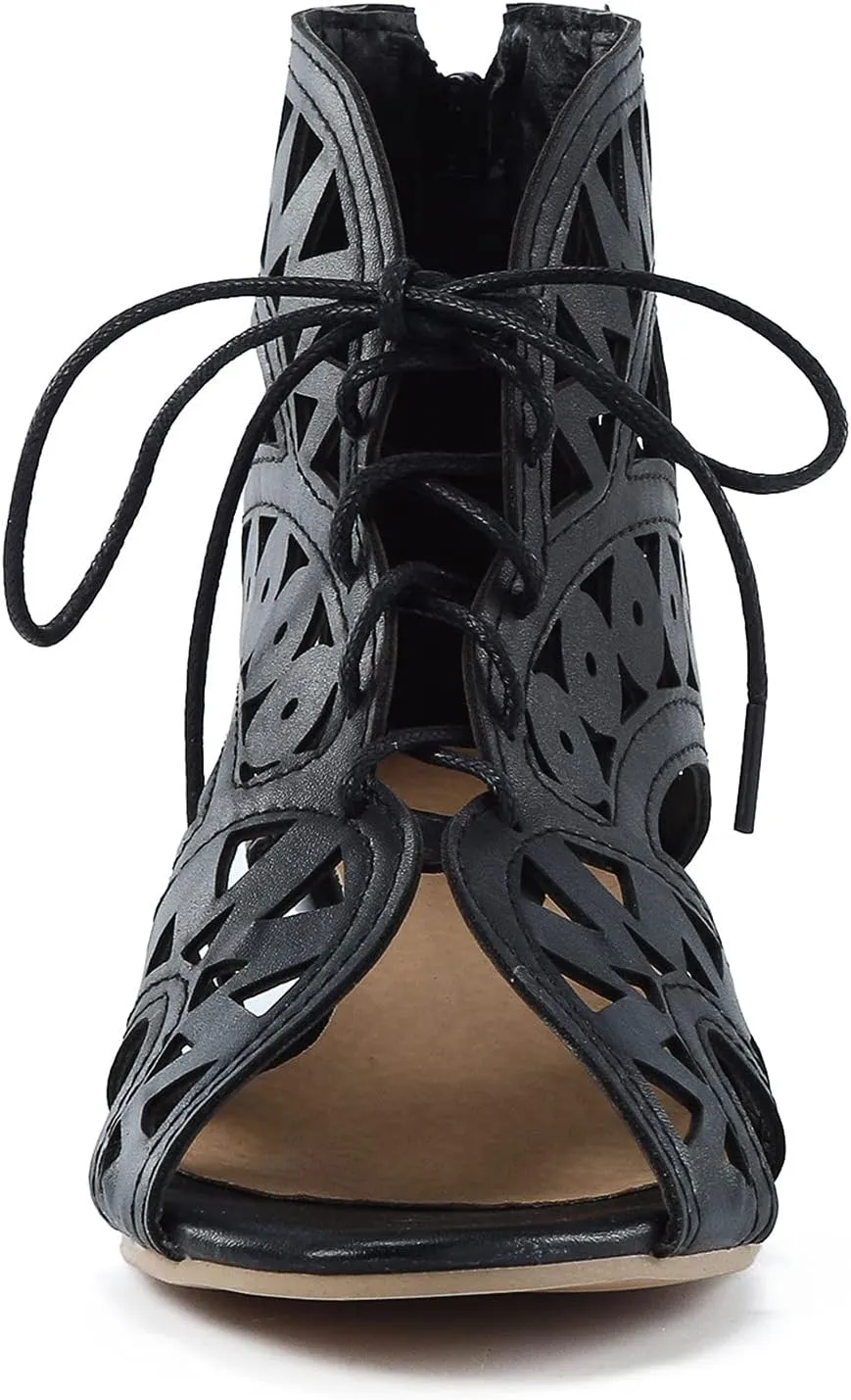 Gladiator Sandals for Women Wedge,Comfy Sandals Ladies Fashion Hollow Out Low Heel Lace Up Vintage Sandals with Zipper