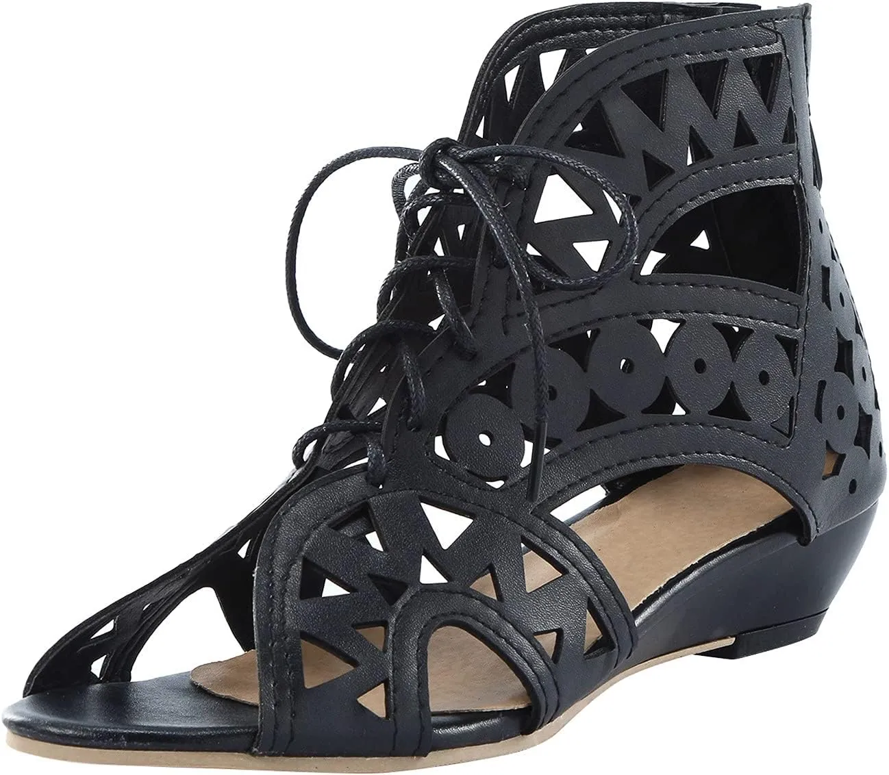 Gladiator Sandals for Women Wedge,Comfy Sandals Ladies Fashion Hollow Out Low Heel Lace Up Vintage Sandals with Zipper