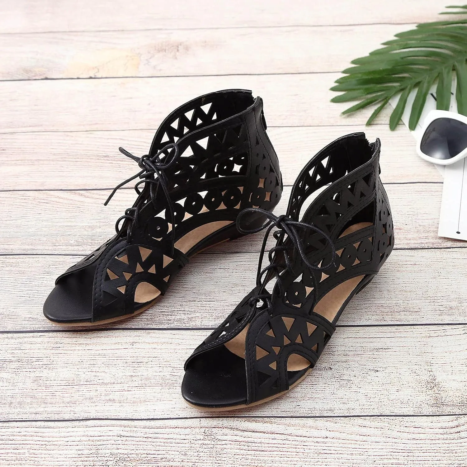 Gladiator Sandals for Women Wedge,Comfy Sandals Ladies Fashion Hollow Out Low Heel Lace Up Vintage Sandals with Zipper