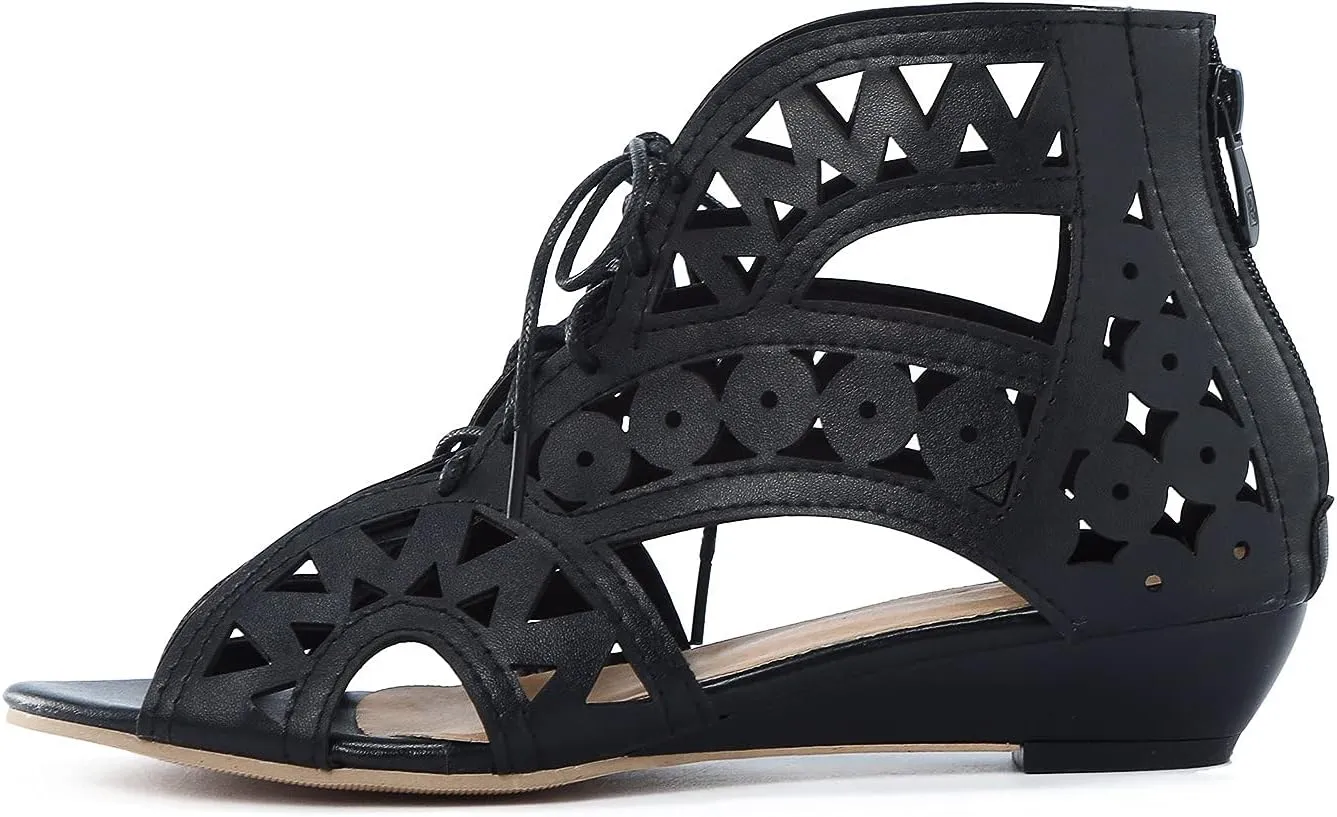 Gladiator Sandals for Women Wedge,Comfy Sandals Ladies Fashion Hollow Out Low Heel Lace Up Vintage Sandals with Zipper