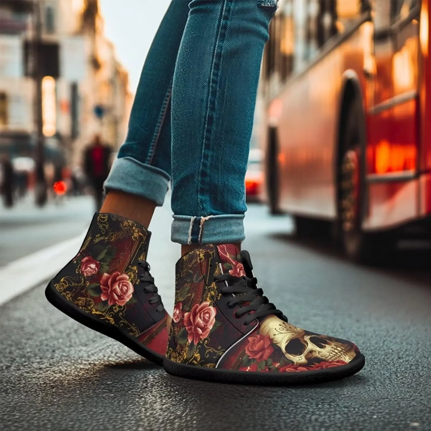 High Top Skull Print Barefoot Shoes for Men - Ultralight Sneakers with Rubber Sole for Travel and Running