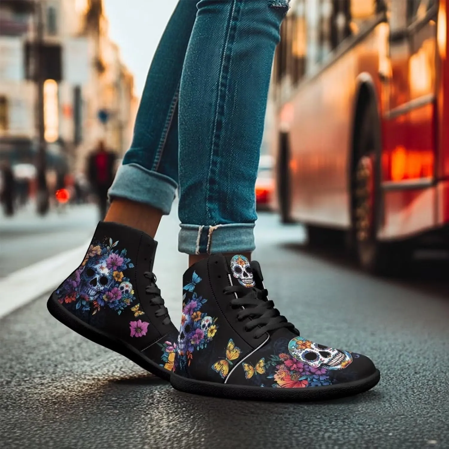 High Top Skull Print Barefoot Shoes for Men - Ultralight Sneakers with Rubber Sole for Travel and Running