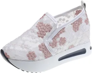 Ladies Fashion Breathable Lace Mesh Flower Embroidery Round Head Thick Bottom Comfortable Dressy Casual Shoes