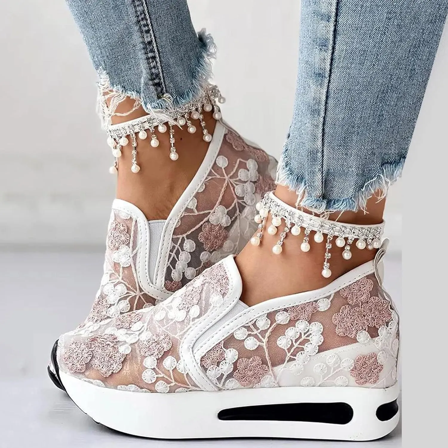 Ladies Fashion Breathable Lace Mesh Flower Embroidery Round Head Thick Bottom Comfortable Dressy Casual Shoes