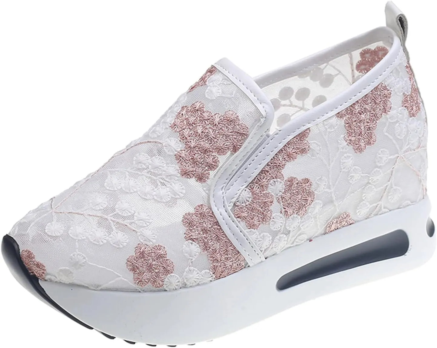 Ladies Fashion Breathable Lace Mesh Flower Embroidery Round Head Thick Bottom Comfortable Dressy Casual Shoes