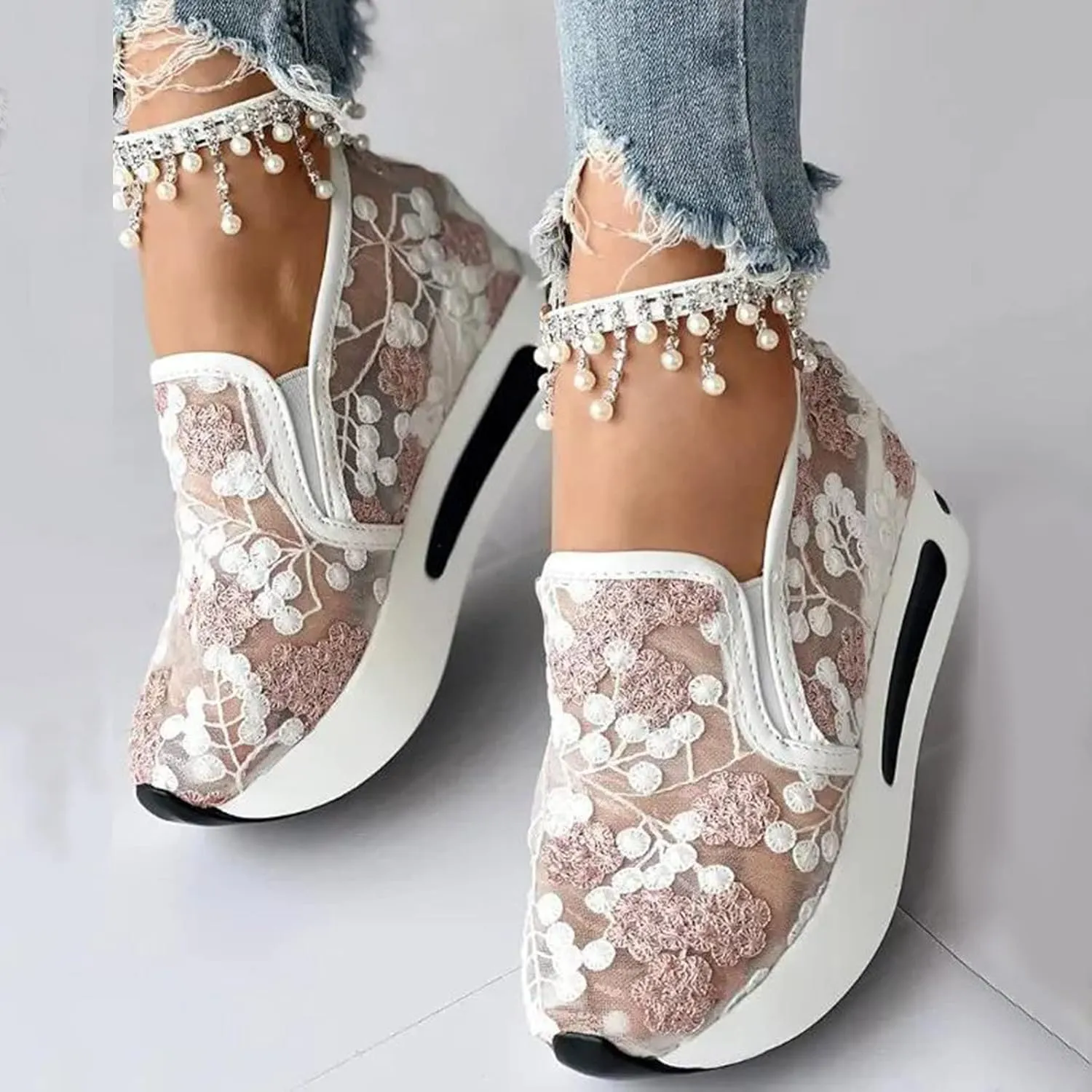 Ladies Fashion Breathable Lace Mesh Flower Embroidery Round Head Thick Bottom Comfortable Dressy Casual Shoes