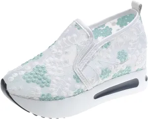 Ladies Fashion Breathable Lace Mesh Flower Embroidery Round Head Thick Bottom Comfortable Dressy Casual Shoes