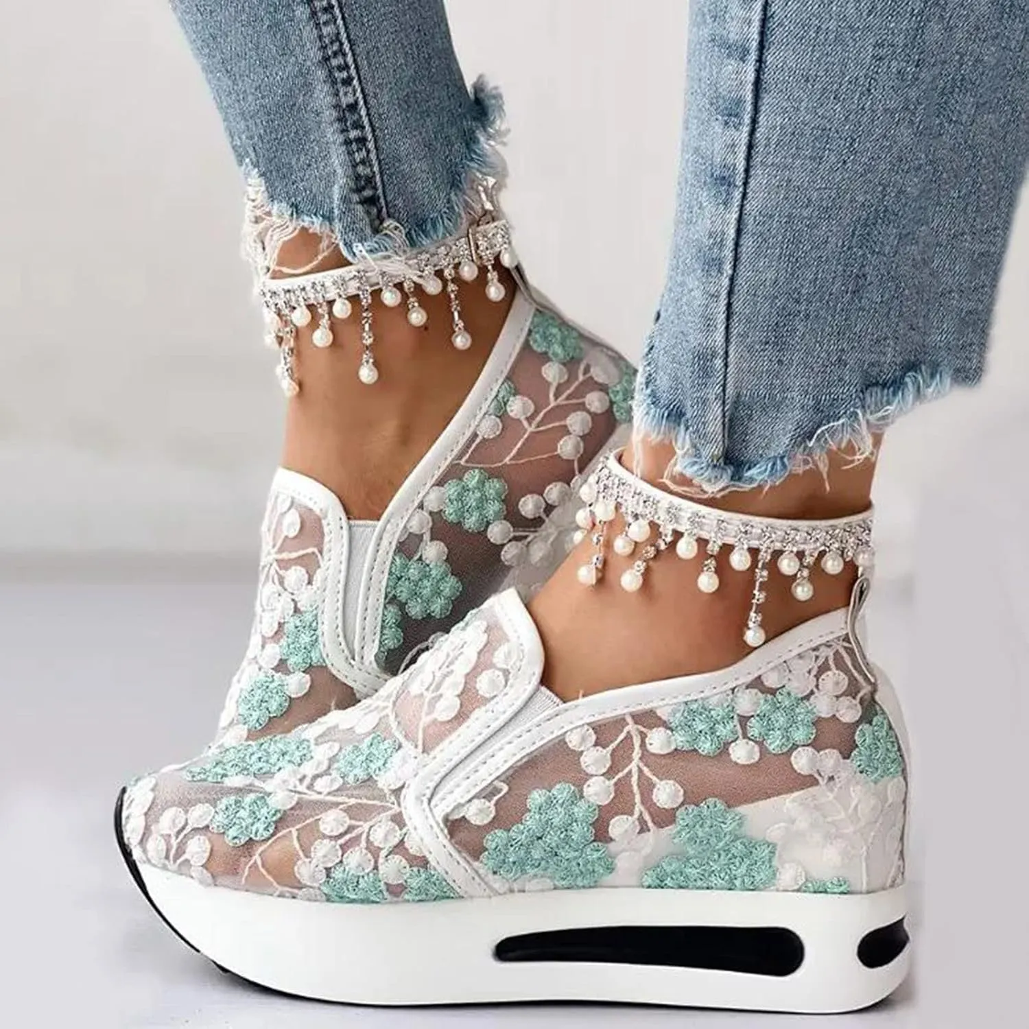 Ladies Fashion Breathable Lace Mesh Flower Embroidery Round Head Thick Bottom Comfortable Dressy Casual Shoes