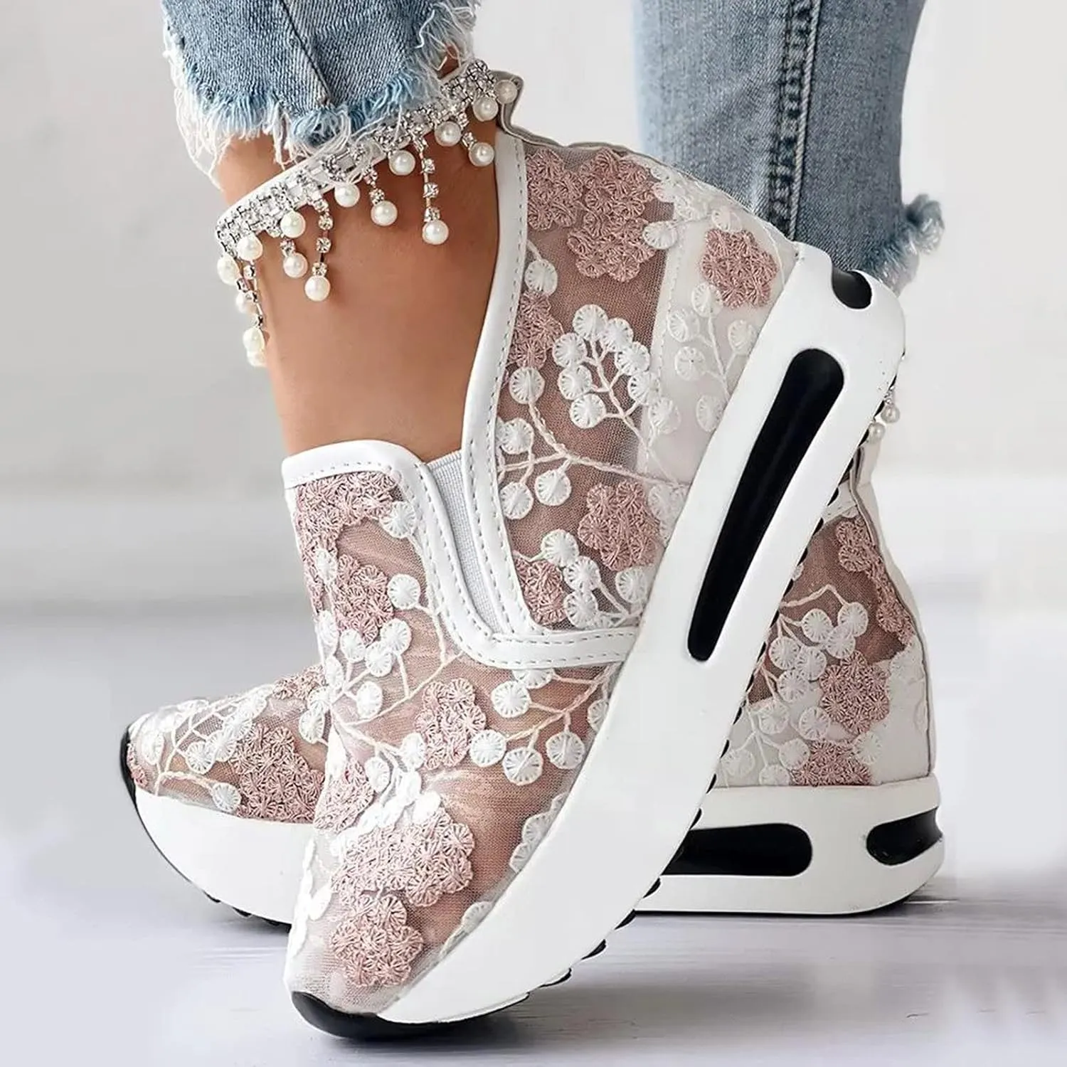 Ladies Fashion Breathable Lace Mesh Flower Embroidery Round Head Thick Bottom Comfortable Dressy Casual Shoes