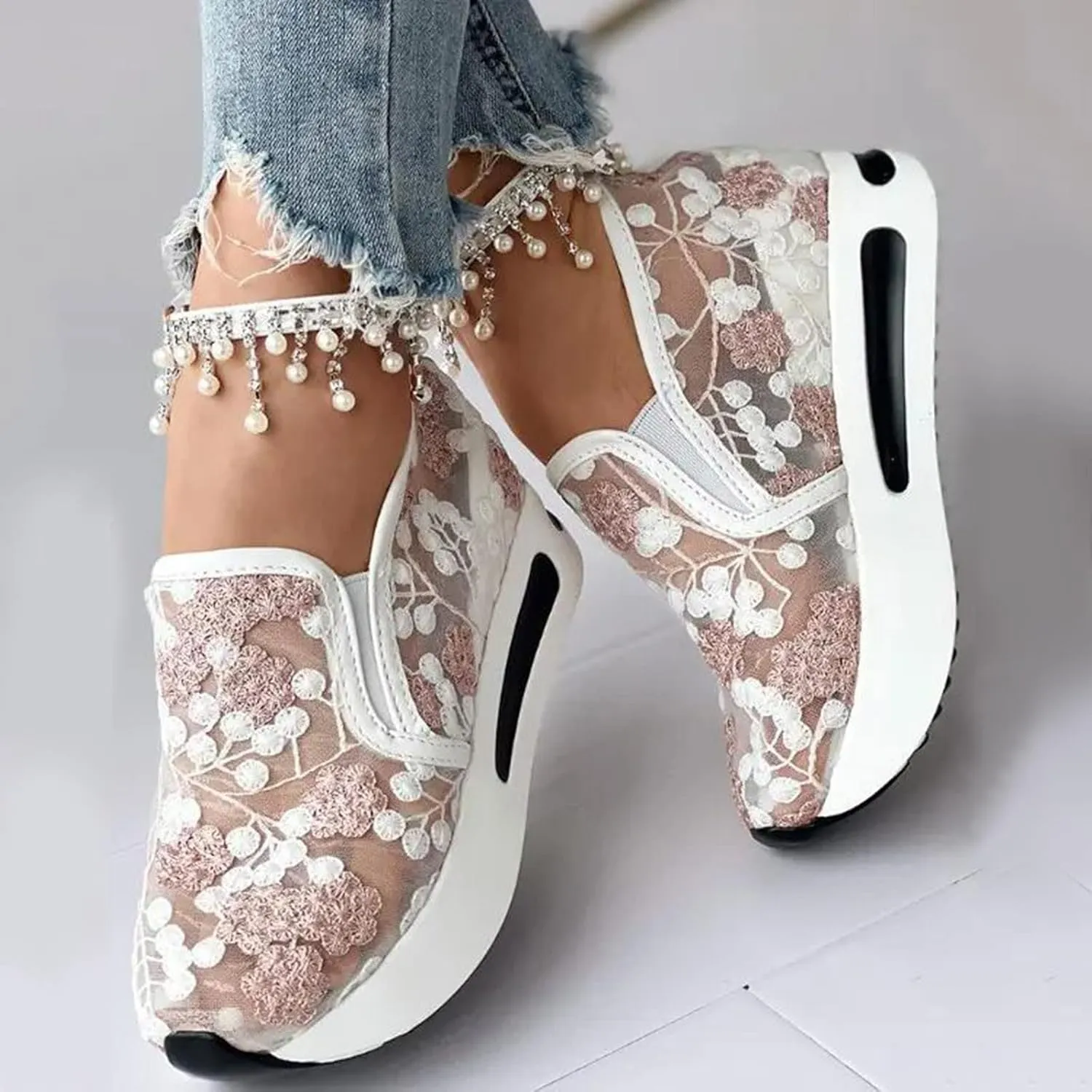 Ladies Fashion Breathable Lace Mesh Flower Embroidery Round Head Thick Bottom Comfortable Dressy Casual Shoes