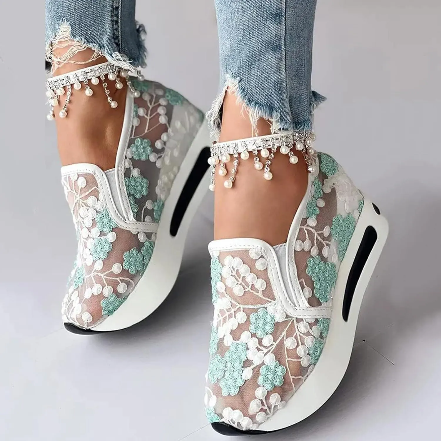 Ladies Fashion Breathable Lace Mesh Flower Embroidery Round Head Thick Bottom Comfortable Dressy Casual Shoes