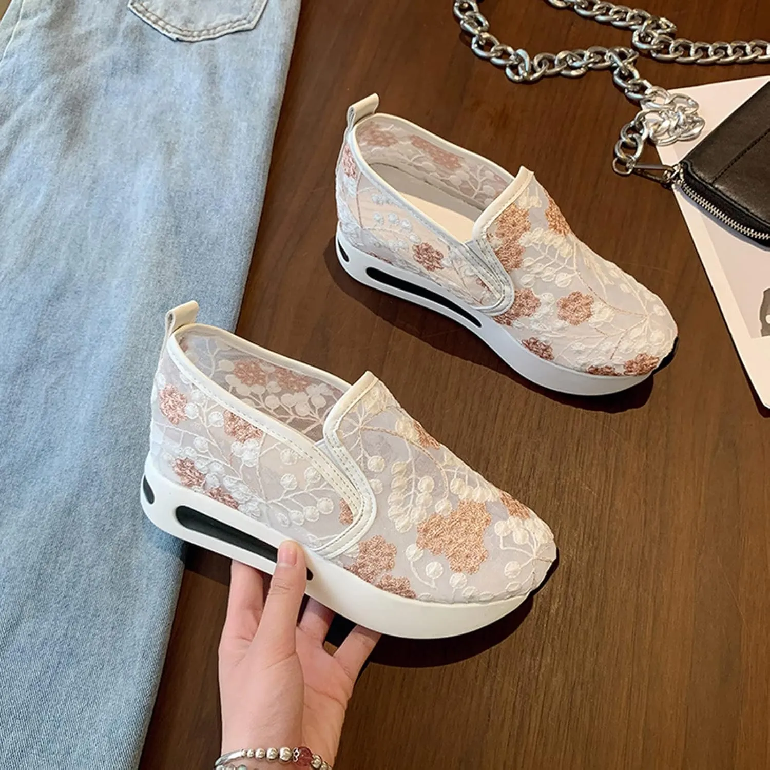 Ladies Fashion Breathable Lace Mesh Flower Embroidery Round Head Thick Bottom Comfortable Dressy Casual Shoes