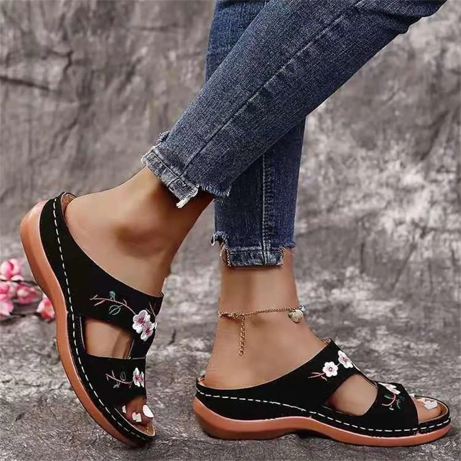 Ladmiple Sandals Women 2023 Fashion Floral Orthopedic Flip Flops with Arch Support Slippers Roman Casual Open Toe Sandal
