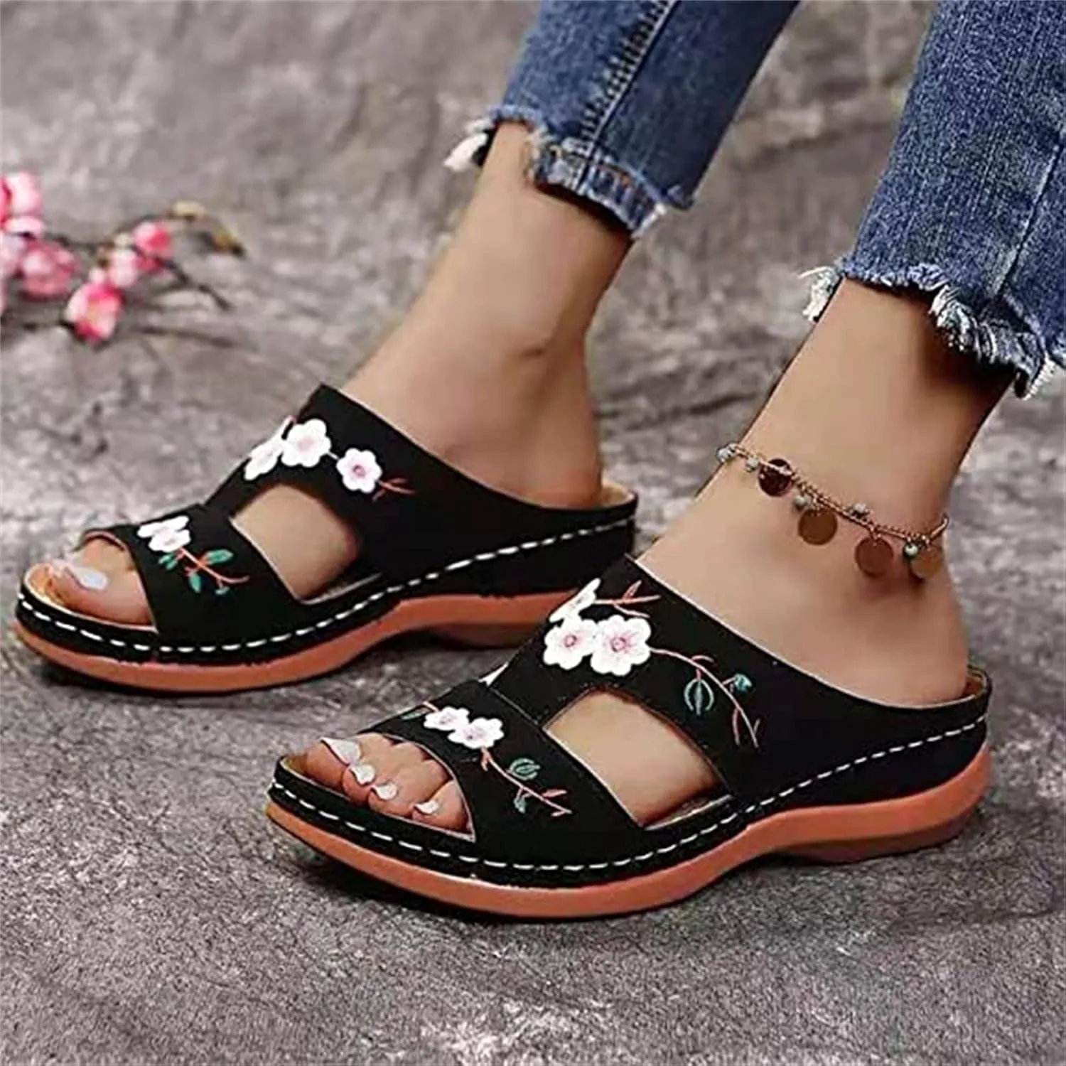 Ladmiple Sandals Women 2023 Fashion Floral Orthopedic Flip Flops with Arch Support Slippers Roman Casual Open Toe Sandal