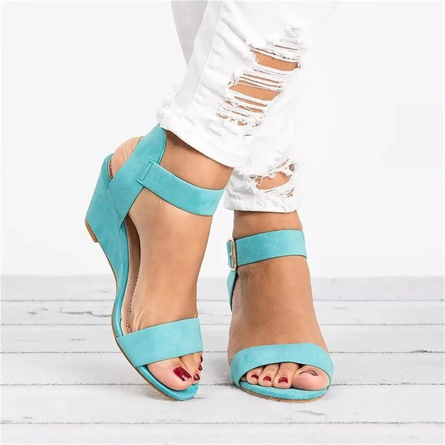 Ladmiple Wedge Sandals for Women Dressy Casual Summer Ankle Strap Open Toe Low Heel Platform Espadrilles Slip on Sandal
