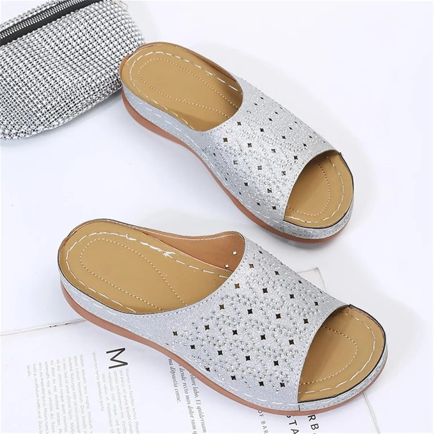 Ladmiple Womens Casual Summer Fashion Sparkly Orthopedic Wedge Flip Flops with Arch Support Roman Open Toe Slipper Shoes