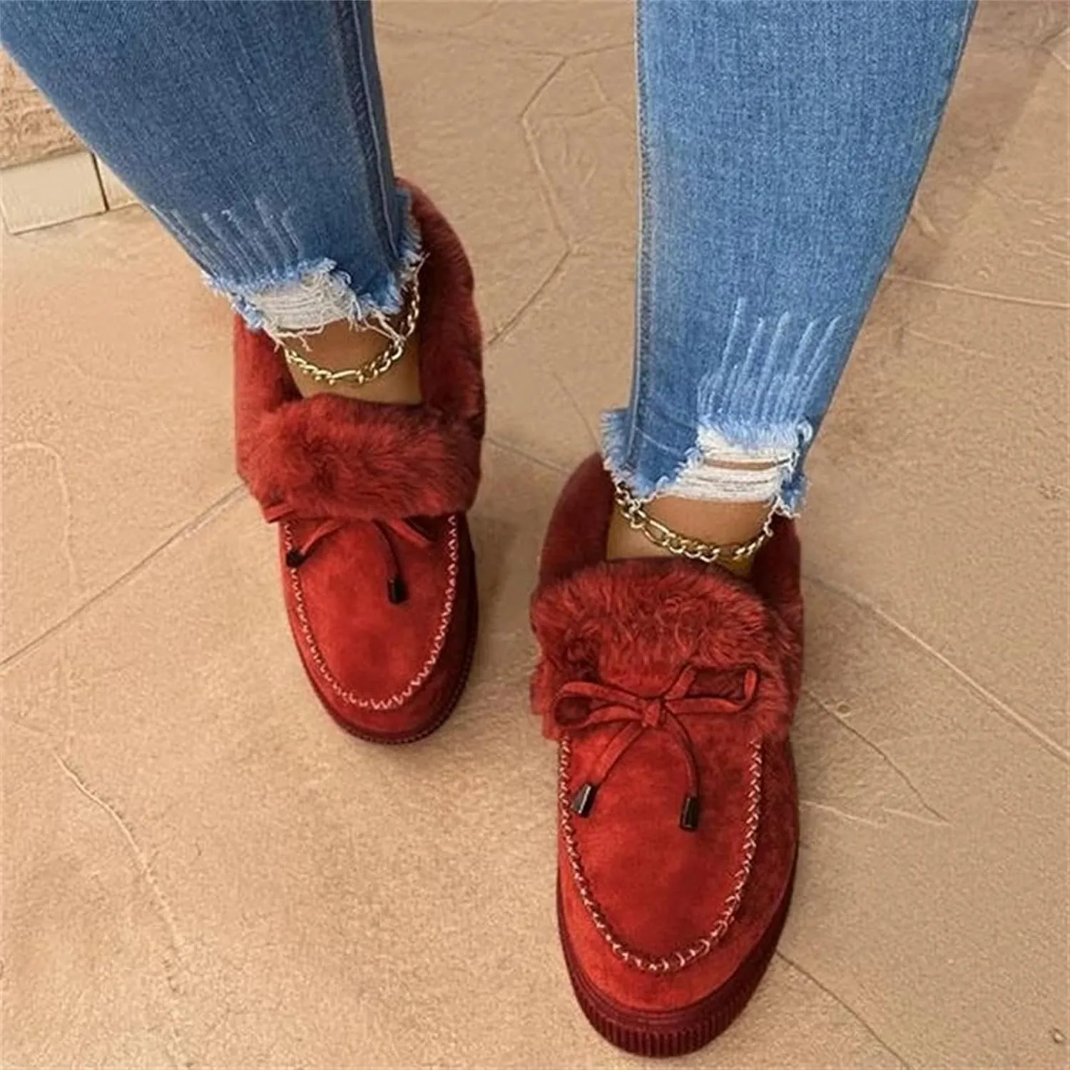 Lausiuoe Winter Fashion Boots For Women 2024 Snow Boots Classic Fuzzy Fur Lining Slip On Ankle Booties Warm Loafers Shoes