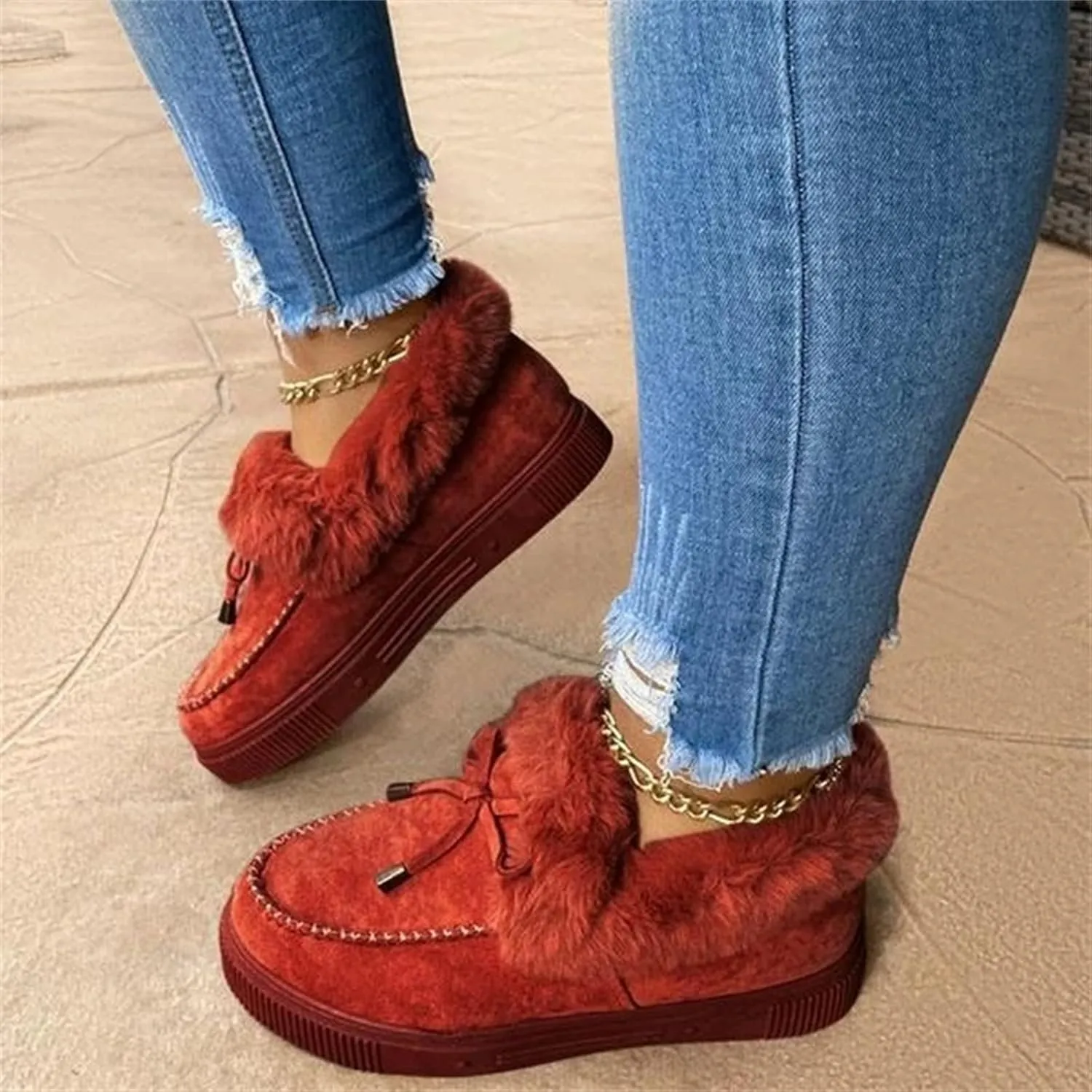 Lausiuoe Winter Fashion Boots For Women 2024 Snow Boots Classic Fuzzy Fur Lining Slip On Ankle Booties Warm Loafers Shoes