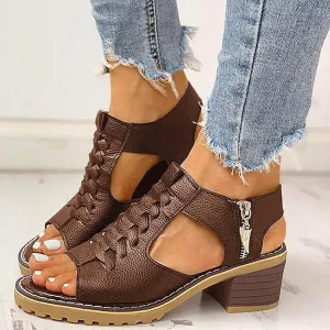 Libiyi Wedges Sandals for Women Dressy 2025 Cutout Side Zipper Chunky Heeled Hollow Open Toe Slip on Summer Beach Boho Comfortable Sandals Outdoor Walking Shoes with Arch Support (Coffee, 8)