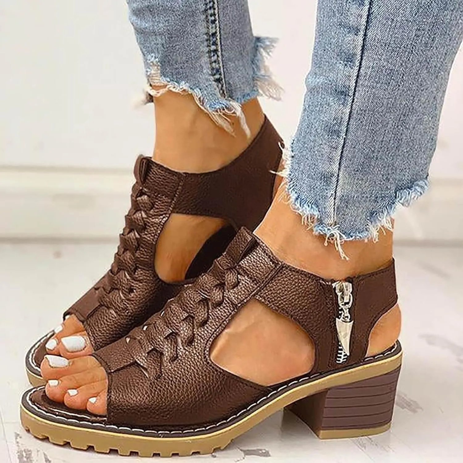 Libiyi Wedges Sandals for Women Dressy 2025 Cutout Side Zipper Chunky Heeled Hollow Open Toe Slip on Summer Beach Boho Comfortable Sandals Outdoor Walking Shoes with Arch Support (Coffee, 8)