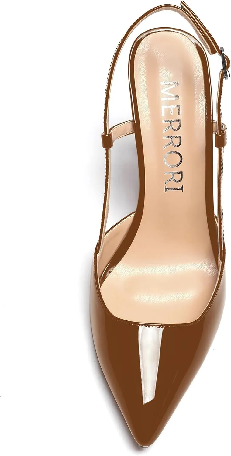 MERRORI Womens Dress Wedding Buckle Patent Pointed Toe Slingback Spool High Heel Pumps Shoes 3.3 Inch